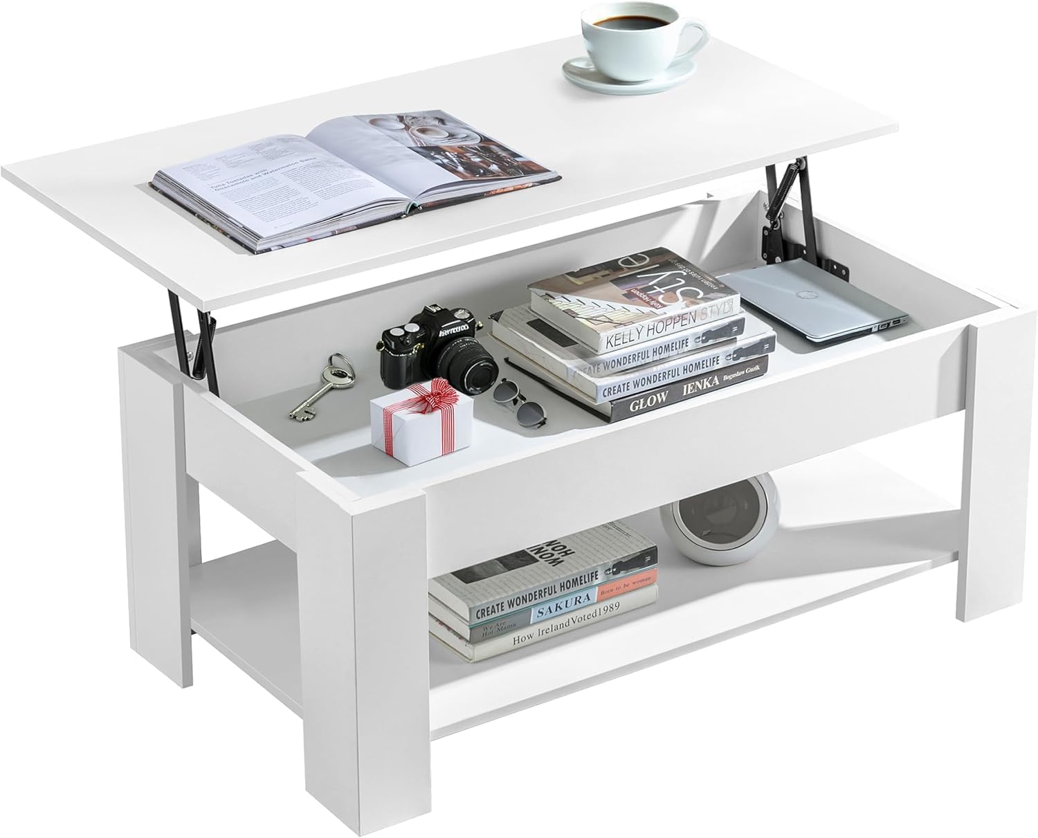 Blisswood 120cm Coffee Table with Storage, Lift Up Coffee Tables for Living Room, Wooden Coffee Table with 1 Shelf Large Hidden Storage Modern Rectangular Sofa End Lift-Top Tea Table Furniture, White
