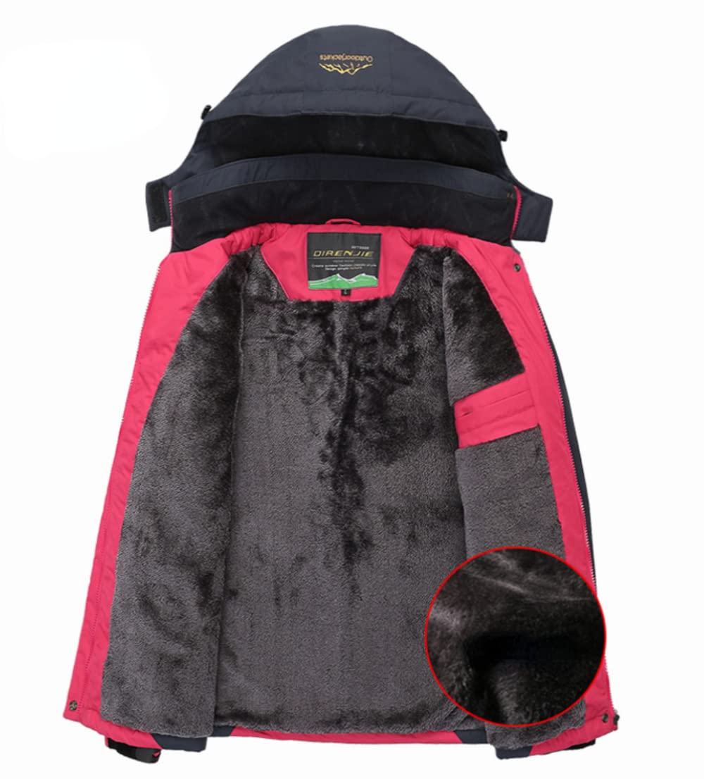 GUBIDIAO Men's Mountain Hiking Jacket Waterproof Windbreaker Ski Jacket Winter Warm Fleece Hooded Coat (Red-Women,S,Small)
