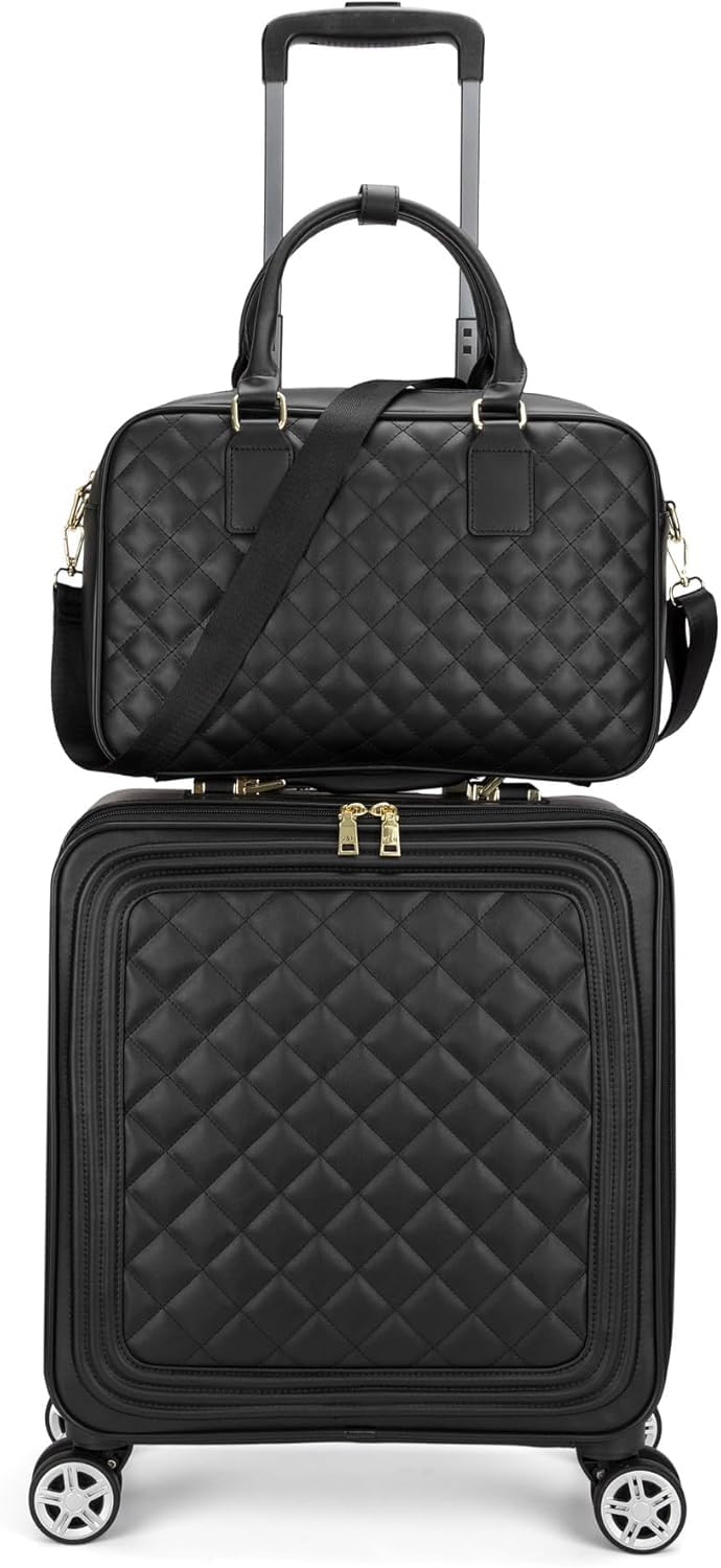 feilario 16in 2 Piece Set Travel Faux Leather Softside Carry On Luggage Double Spinner Wheels Checked Suitcase