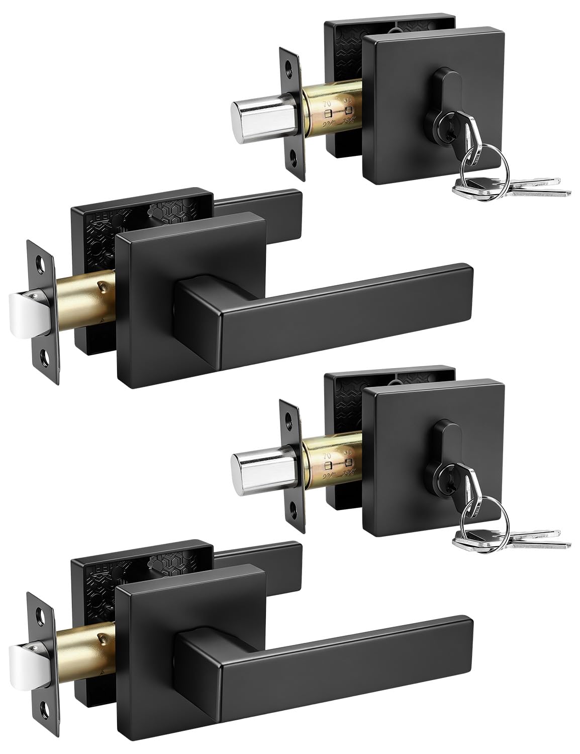 Tinewa 2 Pack Black Passage Door Lever with Single Cylinder Deadbolt, Exterior Square Door Handle with Deadbolt, Modern Door Lock Handleset Keyed Alike