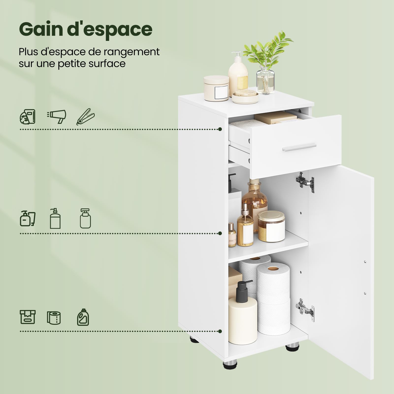 EUGAD Meuble Salle de Bain sur Pied, Placard de Rangement avec 1 Porte, 1 Tiroir, 1 Étagère Ajustable, pour Entrée, Salon, Cuisine, Chambre, 30x30x80cm, Blanc