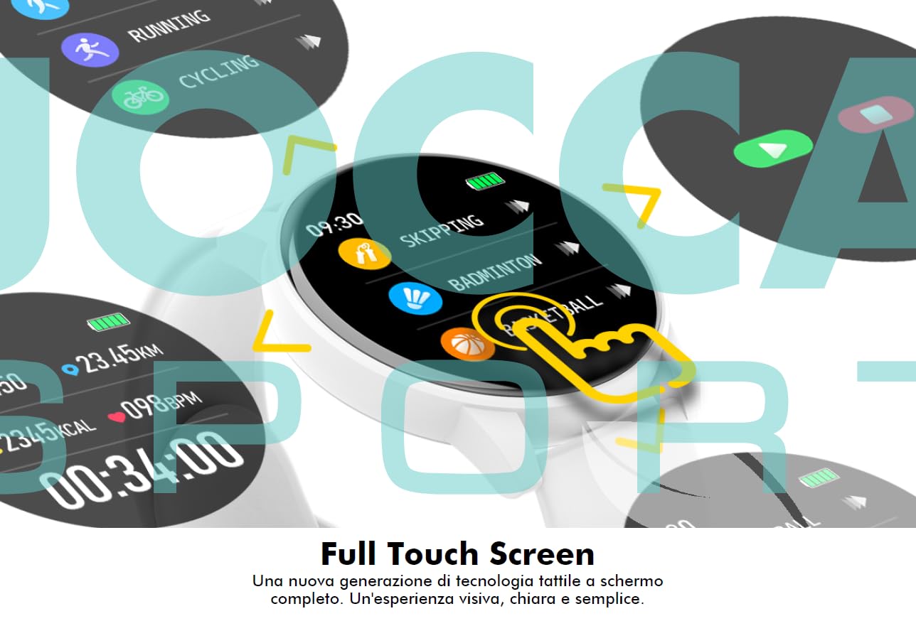 Jocca - Smartwatch | Pełny ekran dotykowy | Łączność bezprzewodowa: Bluetooth | Żywotność baterii 7-10 dni | Kompatybilny z: Android 5.1 i iOS 8.0 lub nowszy | APLIKACJA: Da Fit |