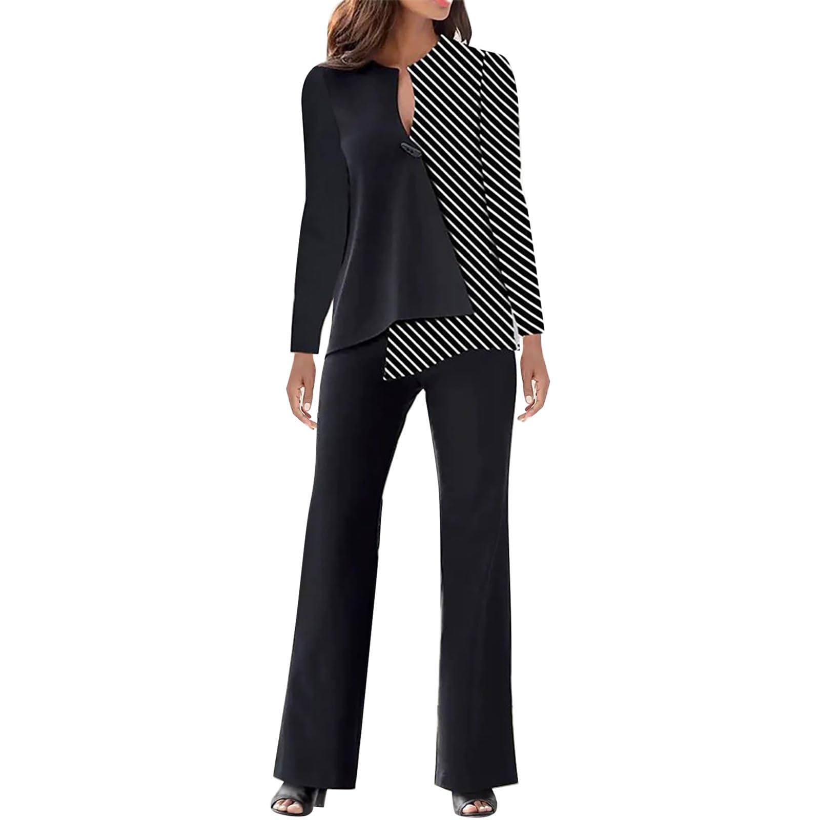 Gefomuofe Traje de pantalón elegante para mujer, camisas de 2 piezas + cintura alta, pantalones de pierna ancha, conjuntos de dos piezas, para bodas, festivos, traje de noche, monocolor, traje