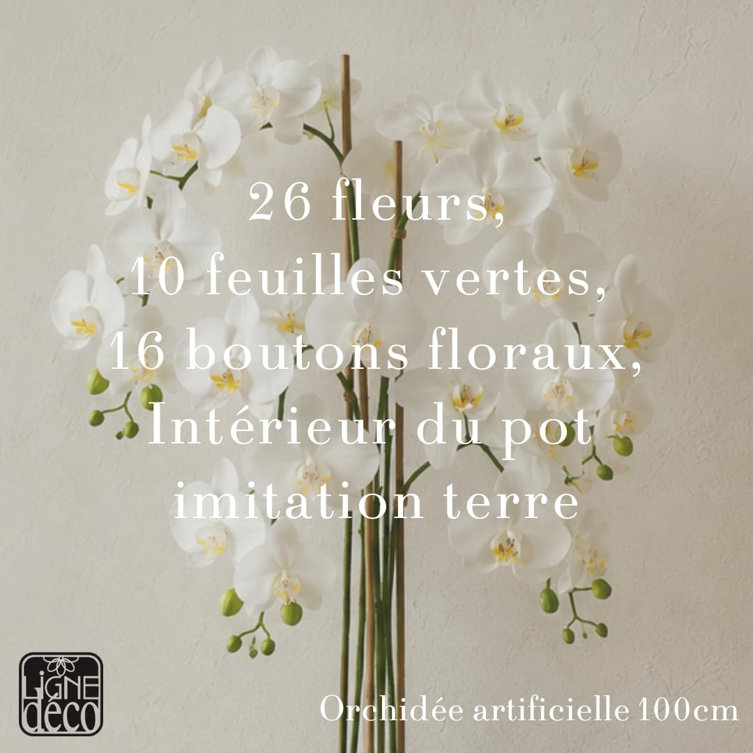 Ligne Déco - Orchidée Artificielle 100cm | Pot Plastique Blanc Intérieur Imitation Terre