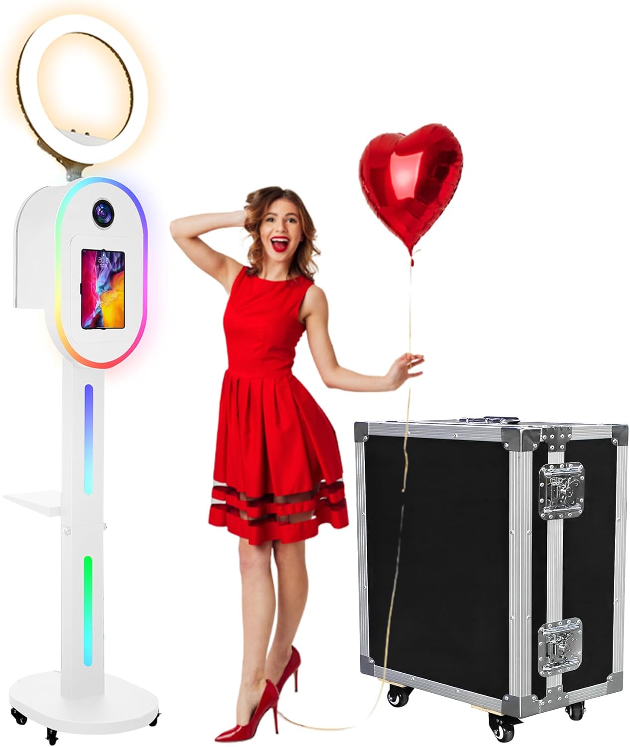 Photo Booth for iPad 10.2" 10.5" 10.9" 11" 12.9" 13" for Camera Dualuse Photobooth Machine Selfie Station Stand APP Control RGB Light Music Sync Light Box with Flight Case for Rental Wedding