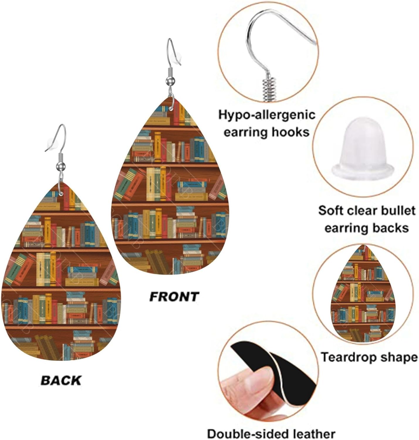 Book Teacher Teardrop Earrings For Women, Dangle Earrings Jewelry For Women, Lightweight Faux Leather Earrings Gifts - Image 3