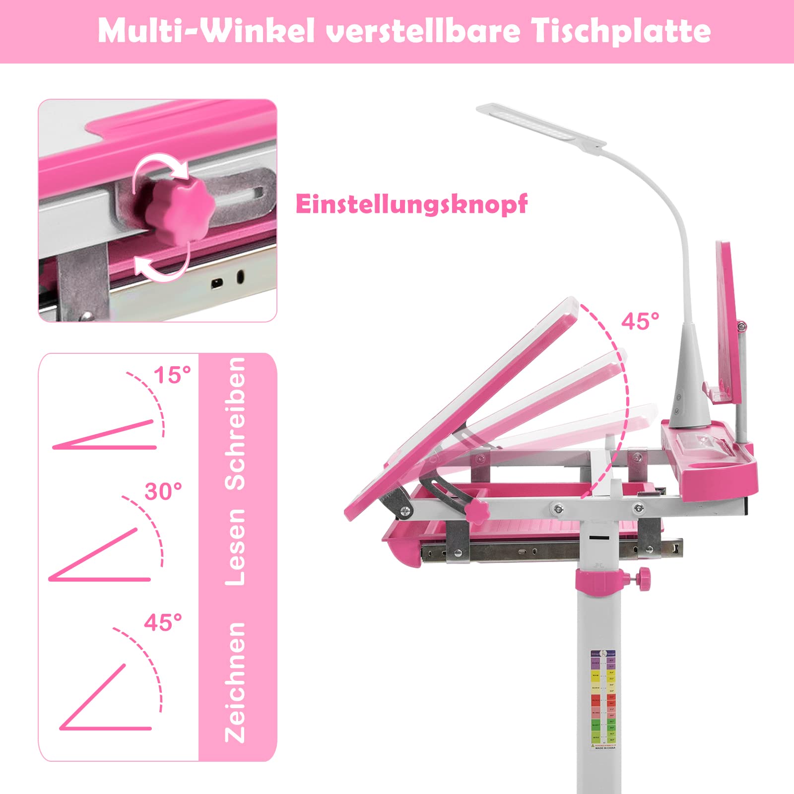 DREAMADE Kinderschreibtisch höhenverstellbar, Schülerschreibtisch neigungsverstellbar, Jugendschreibtisch mit LED-Lampe und Bücherständer, Schreibtisch Set für Kinder mit Stuhl und Schublade (Rosa)
