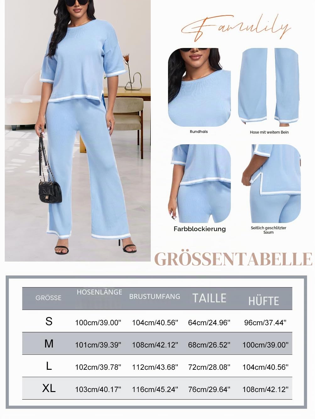 Famulily Damen-Trainingsanzüge, Rundhalsausschnitt, farbblockierter Strickpullover, Oberteil mit hoher Taille, weitem Bein, Hose mit seitlichem geteiltem Saum, S-XL