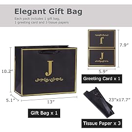 momoake Alphabet Birthday Gift Bag with Card and Tissue Paper for Men Women, 13 Large Black Gold Personalized Bridal Party Gift Paper Bag for Gifts Wrapping - (Letter J)