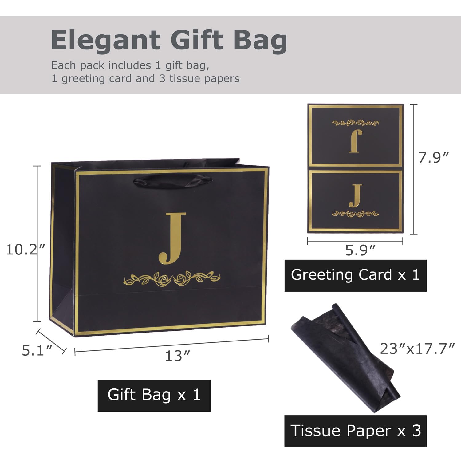momoake Alphabet Birthday Gift Bag with Card and Tissue Paper for Men Women, 13" Large Black Gold Personalized Bridal Party Gift Paper Bag for Gifts Wrapping - (Letter J)