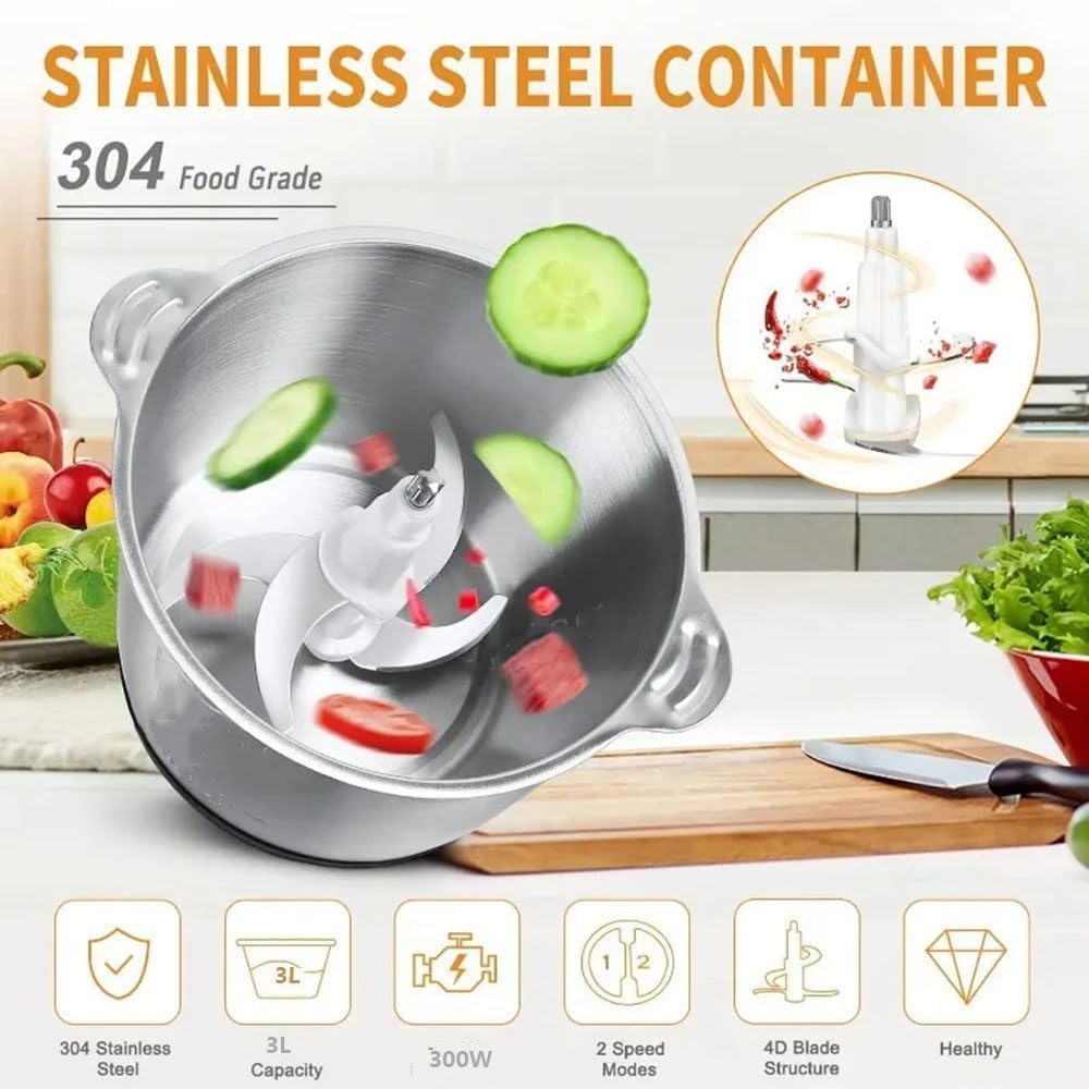 Picadora De Carne Eléctrica De Acero Inoxidable De 3 litros, Procesador De Alimentos Y Picadora De 300 W con 2 Velocidades, Picadora Multifunción para El Hogar para Carne, Verduras Y Frutos