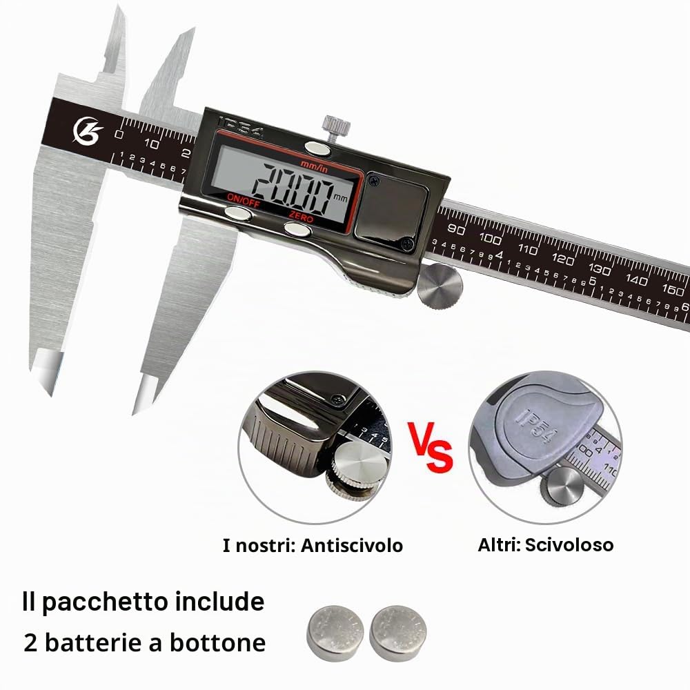 KETOTEK Calibro Digitale da 300 mm, Calibro a Corsoio Digitale in Acciaio Inox, Professionale Impermeabile IP54, Micrometro Elettronico con Schermo LCD, Conversione Pollici/Millimetri 12 Pollici