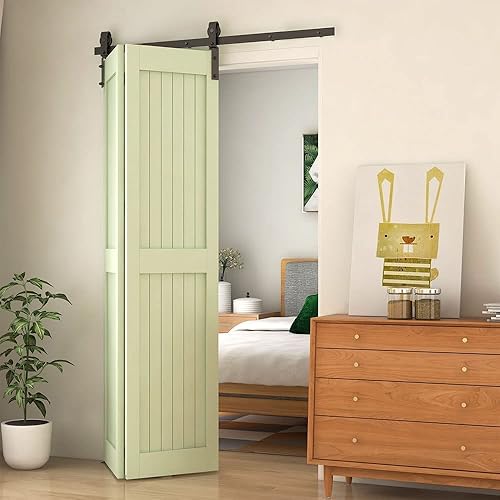 Miniatura 3 de ETIASQSA Kit de herrajes para puerta corrediza de granero plegable de 42 pulgadas3.5 pies, suave y silenciosamente, ahorra espacio, resistente,