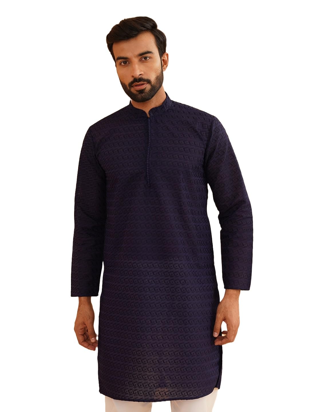 Sojanya (Since 1958 Ethnic Motifs Embroidered Thread Work Pure Cotton Navy Blue Straight Only Kurta