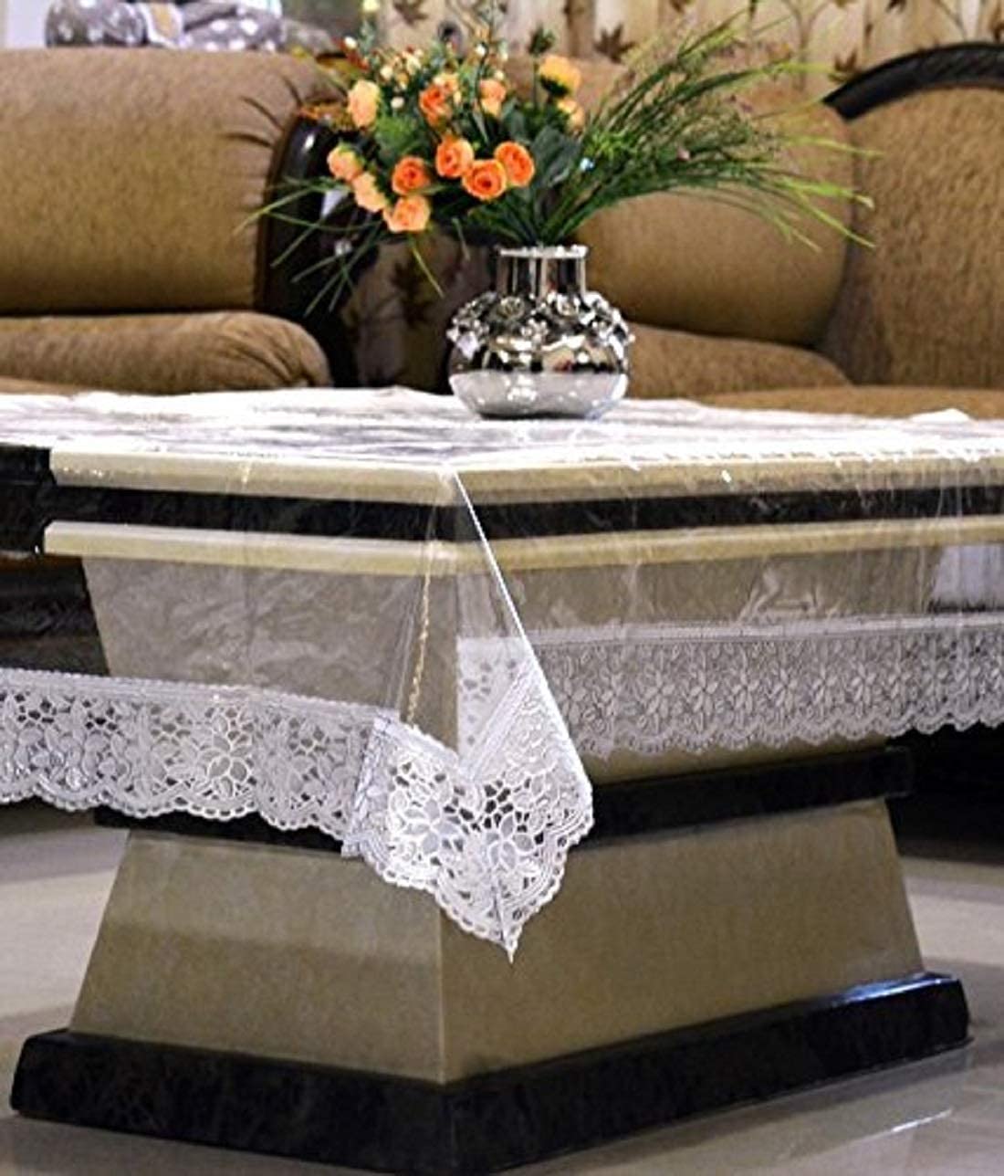 Kuber Industries PVC Rectangular Transparent Table Cover 4 Seater | Table Protector Sheet | Waterproof and Dustproof | Silver Lace Transparent Table Cloth | Center Table Cover | 40x60 Inch | Silver