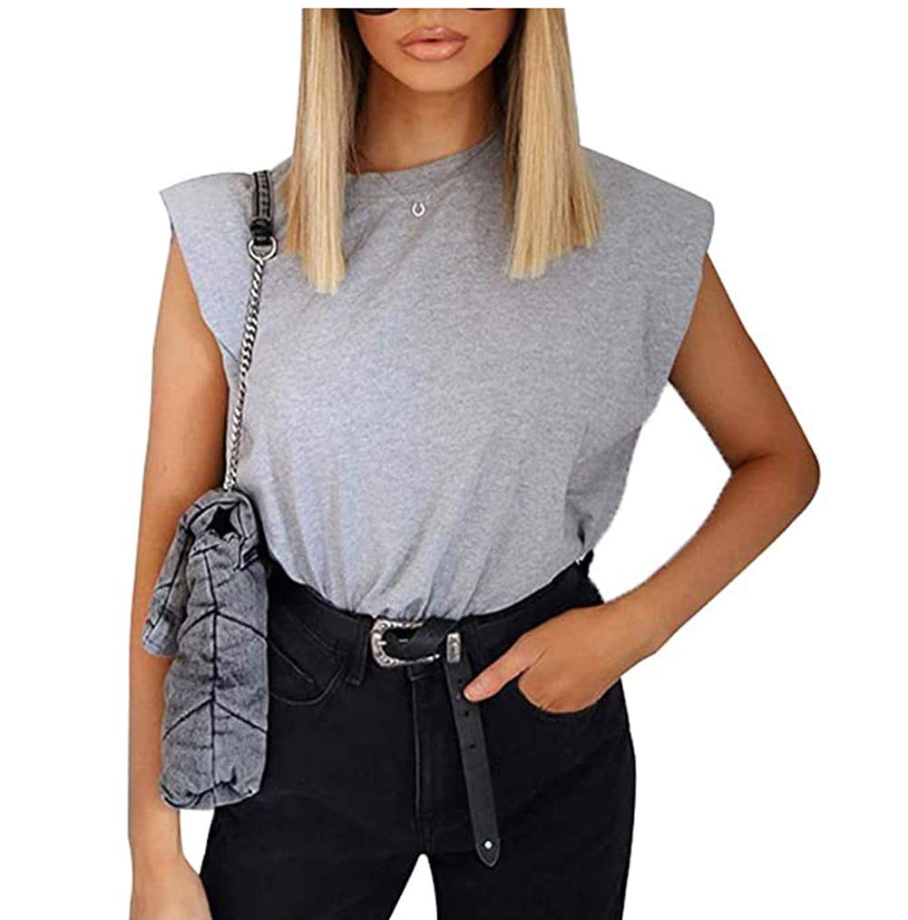 Women Summer Loose Slim Tank Top Solid Cotton Sleeveless Vest Round Neck Cami Shoulder Pads T-Shirts