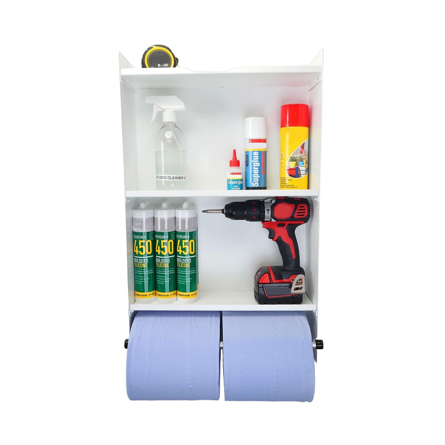 MegaMaxxSteel Blue Roll Holder Dispenser and Shelving Unit for Workshops, Garage and Factories - White Shelves - Cleaning Station, Accessories and Tool Storage, Multi-Purpose