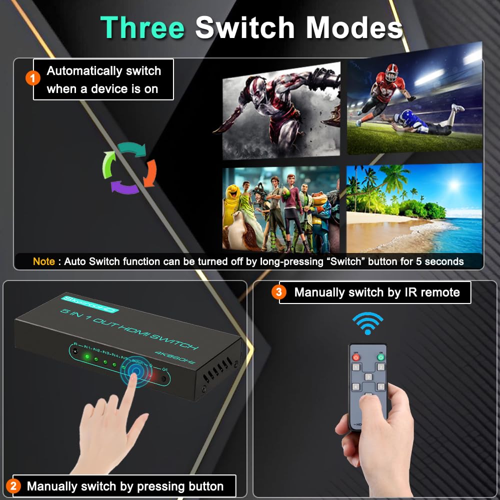SkycropHD 4K60Hz Conmutador HDMI de 5 Puertos HDMI 2.0 con Control Remoto, conmutador automático, HDR10, Dolby Vision, Dolby Atmos, 18Gbps, CEC