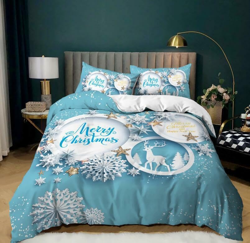 Housse de Couette Noël Bleu 140x200 avec Taies d'Oreiller pour un Cadeau Festif Unique