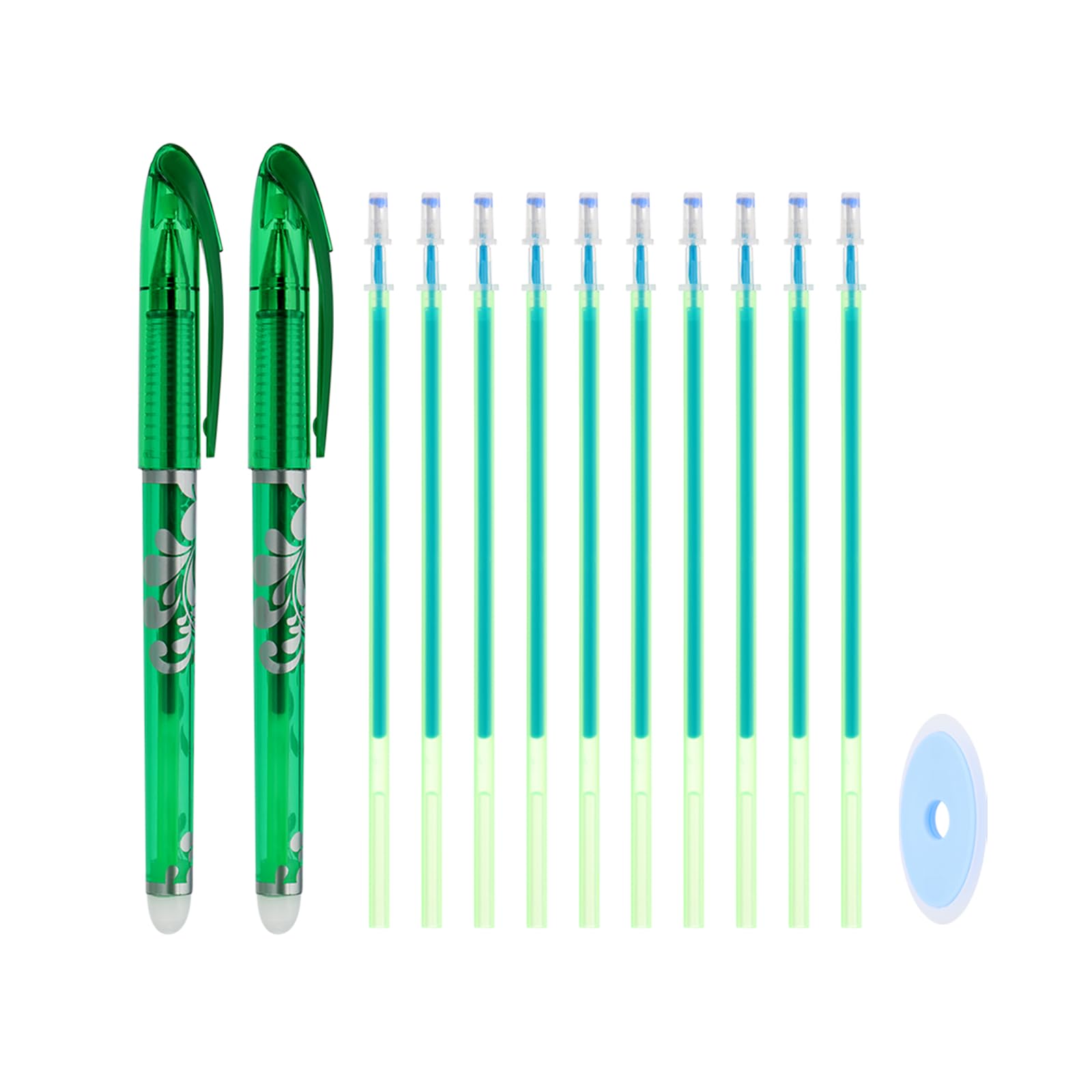 PATIKIL 2Pack Erasable Gel Pens with 10 Refills & 1 Eraser, 0.5mm Heat Erasable Pens for Fabric Green Ink Fabric Markers for Sewing Quilting Planner Writing