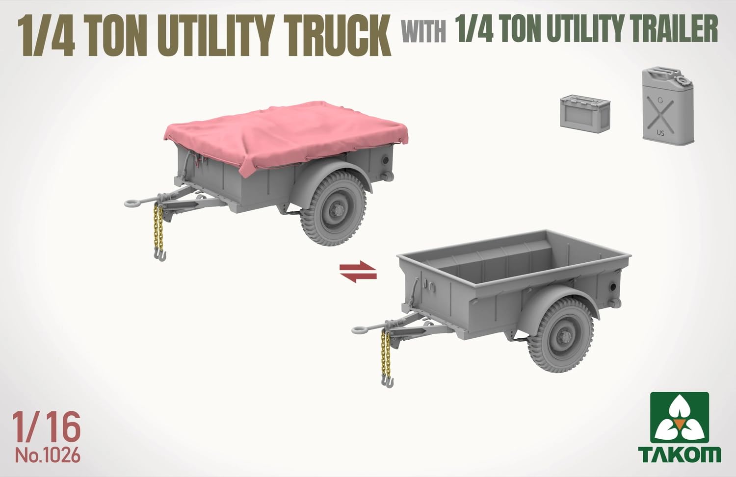 TAKOM TAK1026 1/4 ton Utility Truck z przyczepą - zestaw modelarski 1:16 - amerykański samochód terenowy z figurką kierowcy i częściami PE - niezmontowany