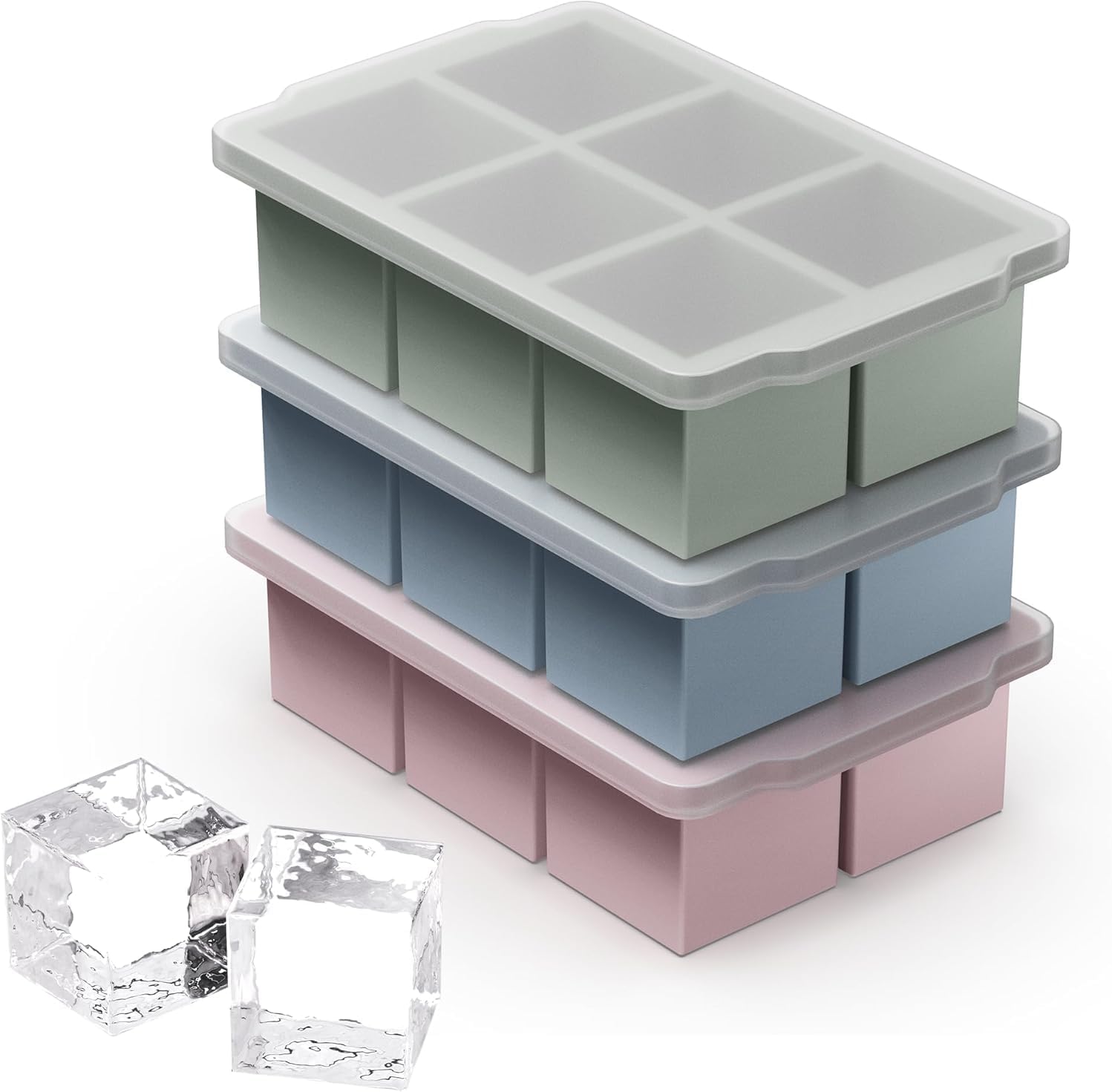 Set de 3 moldes grandes para cubos de hielo con tapa apilable