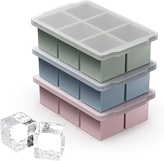 VLM 3 Packs Large Ice Cube Molds with Stackable Lid,Silicone Ice Cube Tray for Freezer,Big Square Ice Tray for Whiskey,Cocktails,Bourbon and Soups (Neutral)