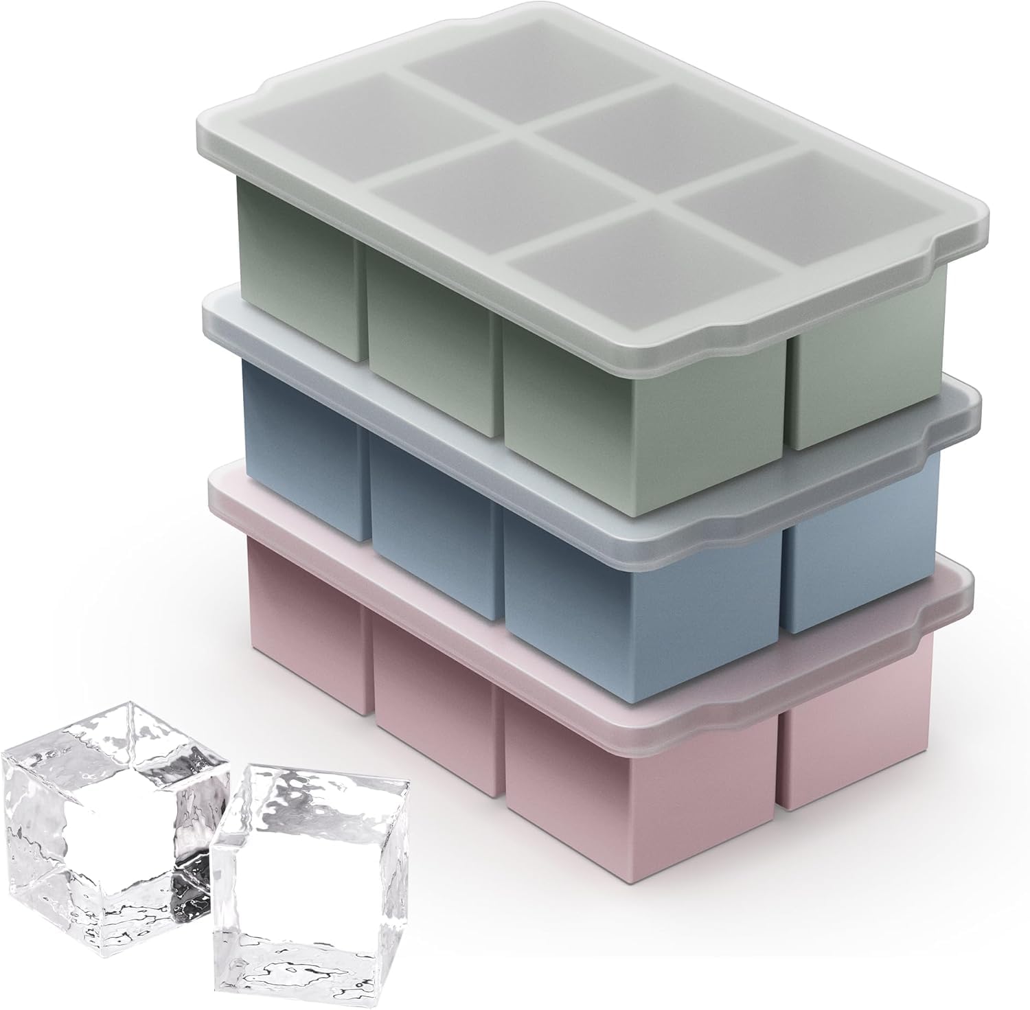 Photo 1 of VLM 3 Packs Large Ice Cube Molds with Stackable Lid,Silicone Ice Cube Tray for Freezer,Big Square Ice Tray for Whiskey,Cocktails,Bourbon and Soups (Neutral)