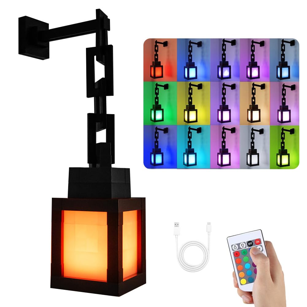 Dhqkqg Pixelated Lantern Night Light, USB Rechargeable Night Lamp with 16 Colors & Remote, 3D Lantern Night Light, Gift for Gamers