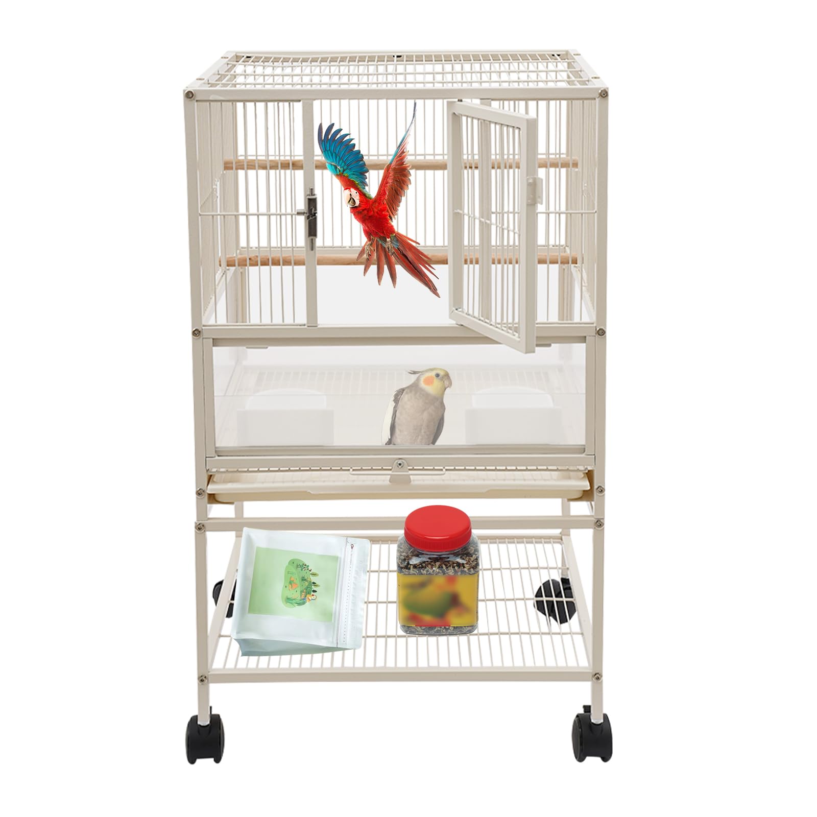 Großer Vogelkäfig Vogelhaus 48,5 x 46 x 83cm rollbarer Vogelvoliere Papagei Käfig mit 2 Fressnäpfe für Sittiche, Lorikeets, Basilisken