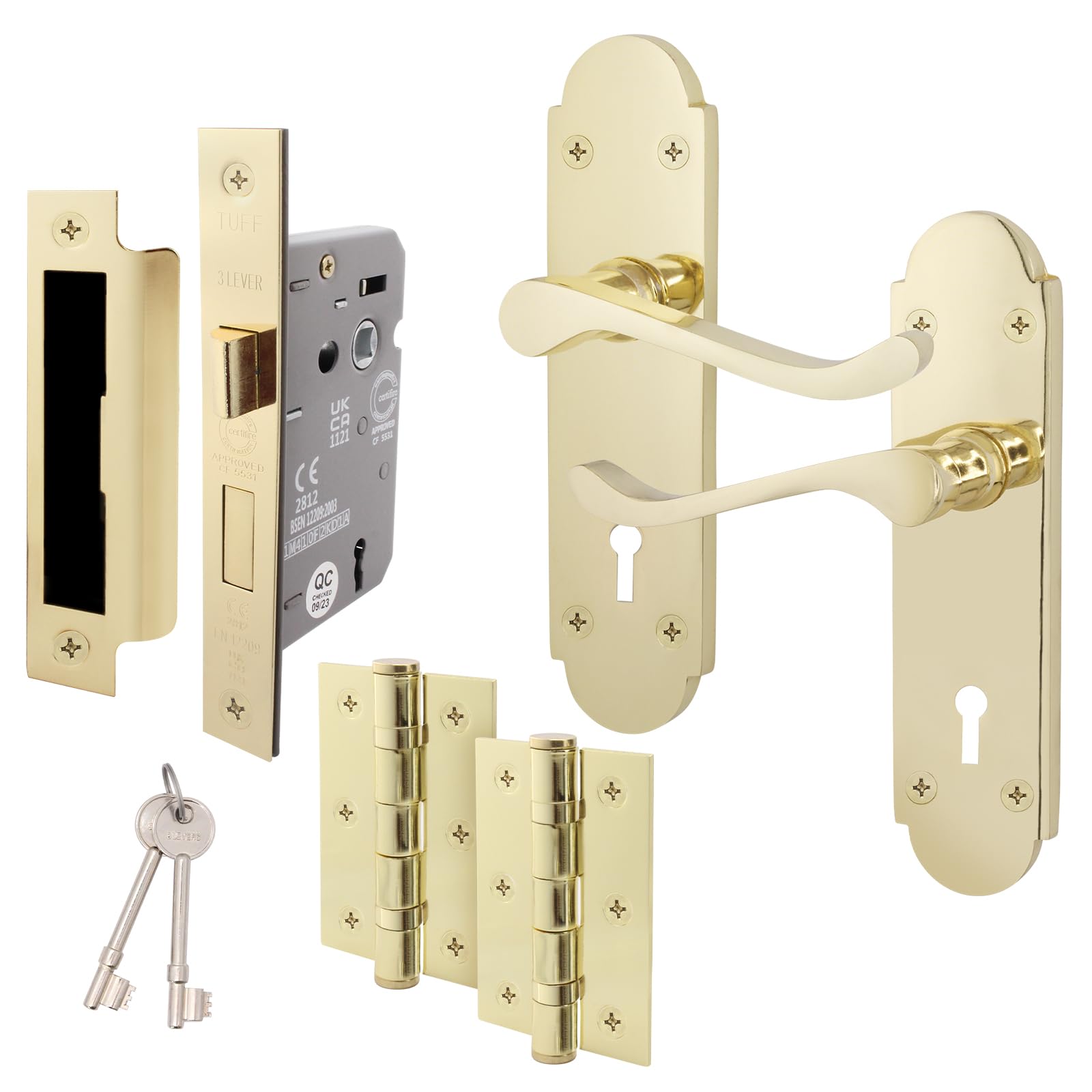 EAI Polished Brass Door Handle Set - Victorian Scroll Shaped | 1 Pair of Internal Handles with Hinges (76mm), Sash Lock (80mm) & Keys