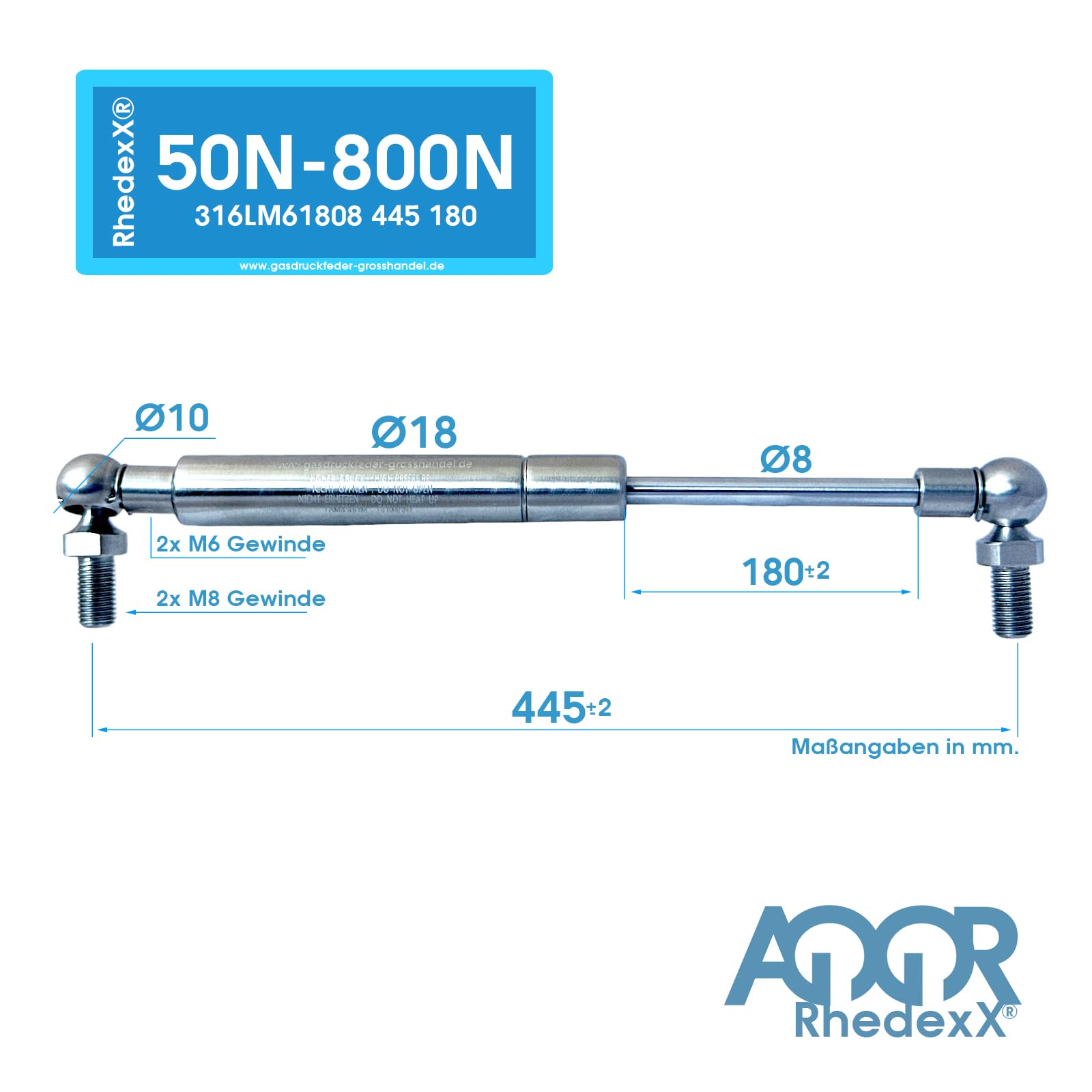 Molle a gas in acciaio inox V4A AISI 316L, giunto angolare 445 mm/180 mm/400 N, ammortizzatore a gas con giunto sferico M6, ricambio per Liftomat 083682 0400N, molla a gas a testa sferica