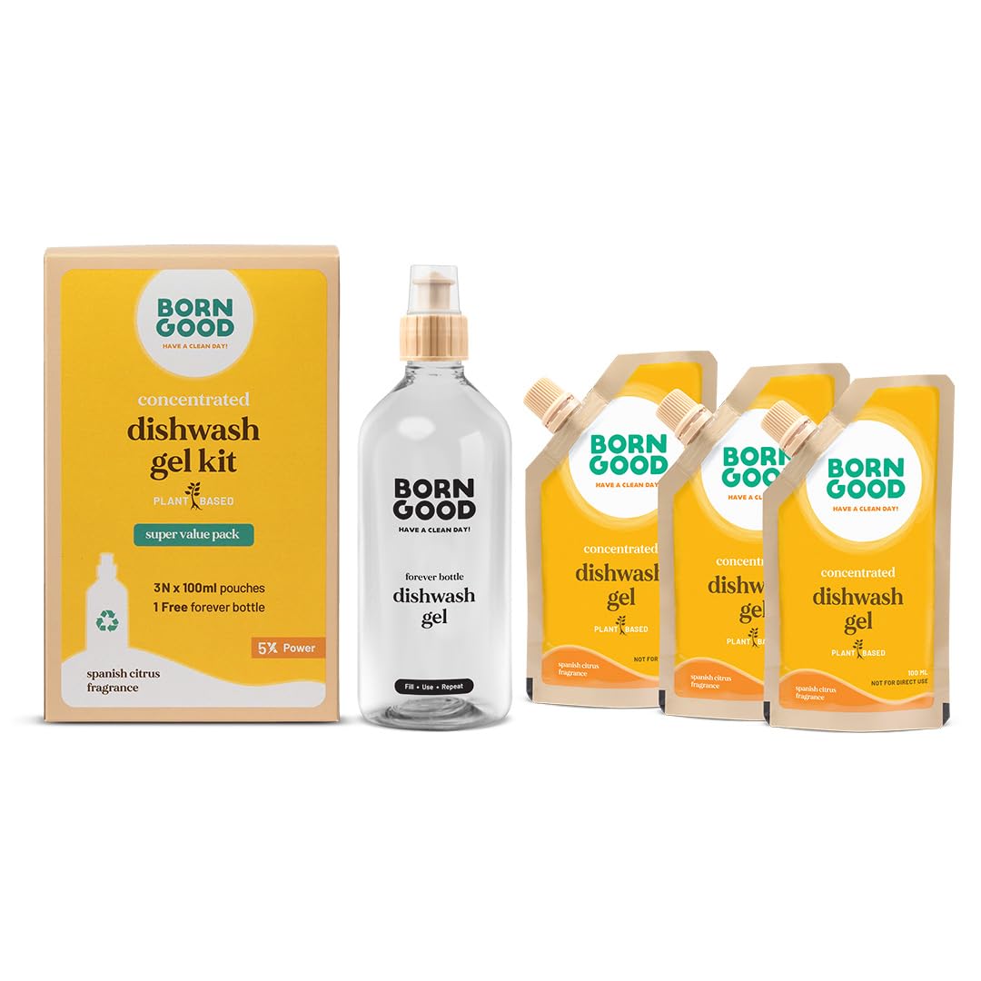 Born Good Plant Based Dishwash Gel Concentrate | Suitable for kids cutlery | Removes Grease & Heavy Oils | Gentle on hands | Kit of 3 x 100ml Refills and 1 x Forever Bottle | Makes 1.5 Litre-image-24