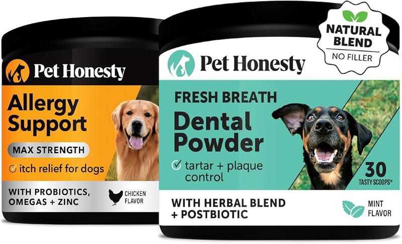 Virtual Bundle Dog Allergy Relief + Dental Powder for Teeth Cleaning & Plaque Removal, Seasonal Allergy Support with Probiotics for Skin & Coat
