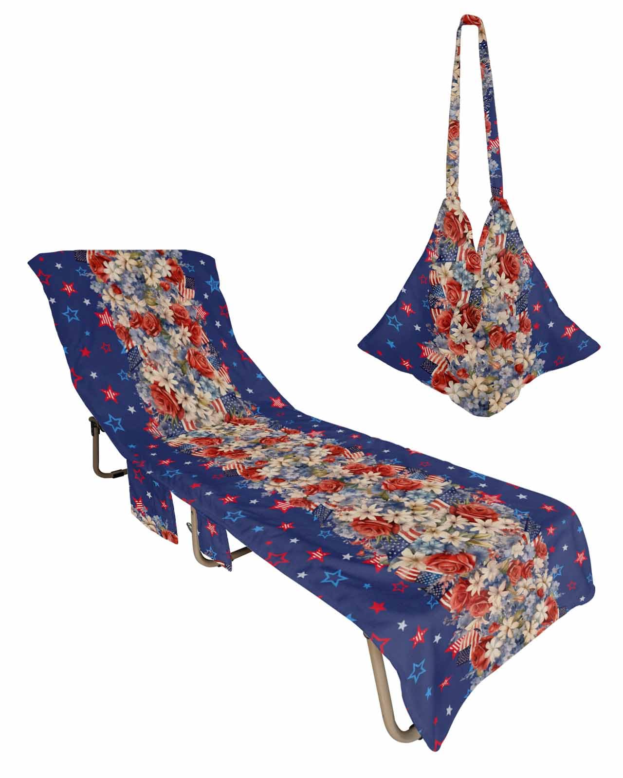 Independence Day Beach Chair Towel Covers for Chaise Lounge with Side Pocket, Soft Plush Pool Towels Cover for Patio Sunbathing Outdoor 29''x85'' 4th of July Red Blue Star Botanical Floral