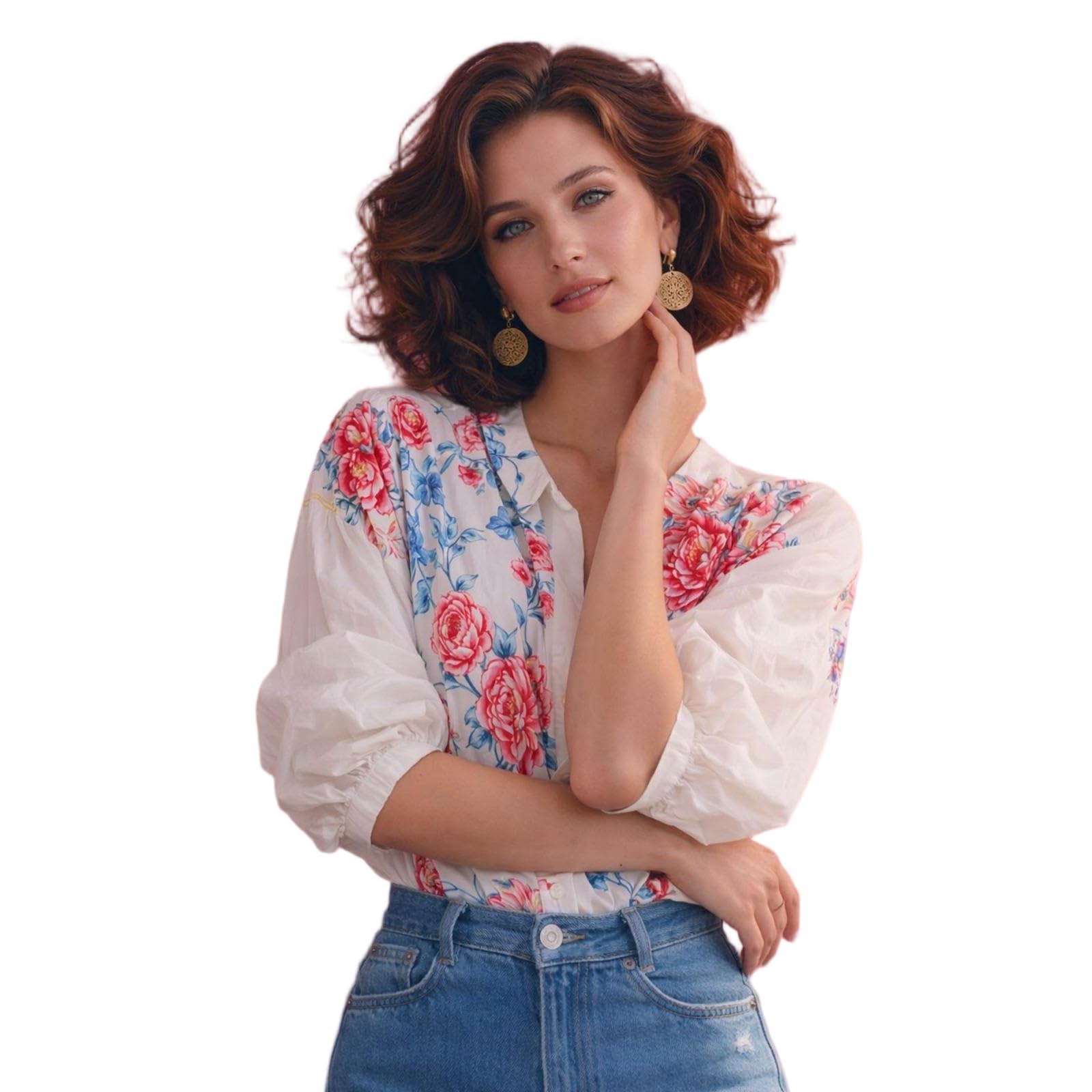 JCVBN - Camicia da donna vintage con maniche a sbuffo floreale, estiva, con colletto e maniche a sbuffo, stampa floreale, bottoni, colletto, vestibilità comoda, estate, poliestere