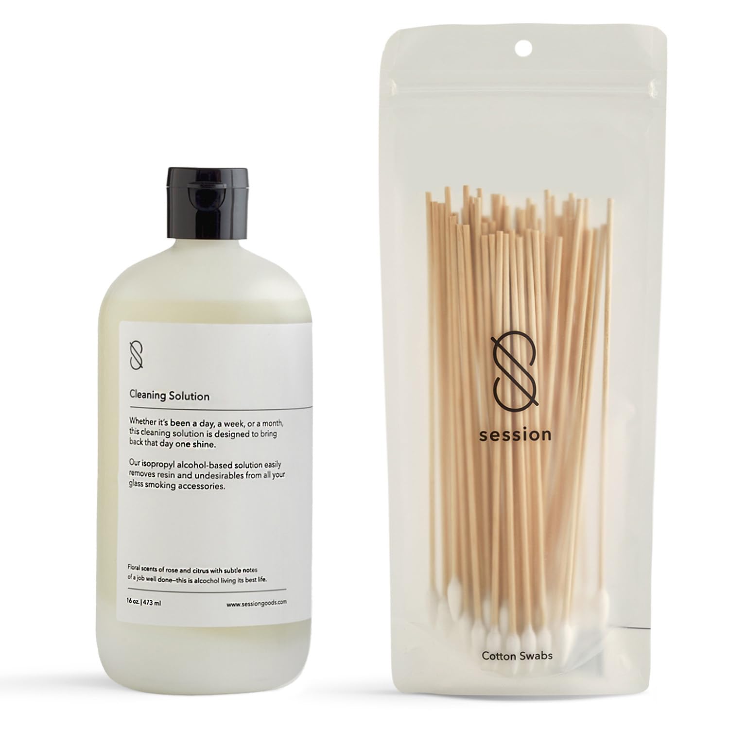 Session Goods Glass Cleaning Solution 16Oz (Scented) - Glass Pipe Cleaner with Cotton Swabs, Water Pipe Cleaner Cleans Metal, Silicone, Ceramic, & Resin Remover, Destroy Wax, Oil & Stinky Debris
