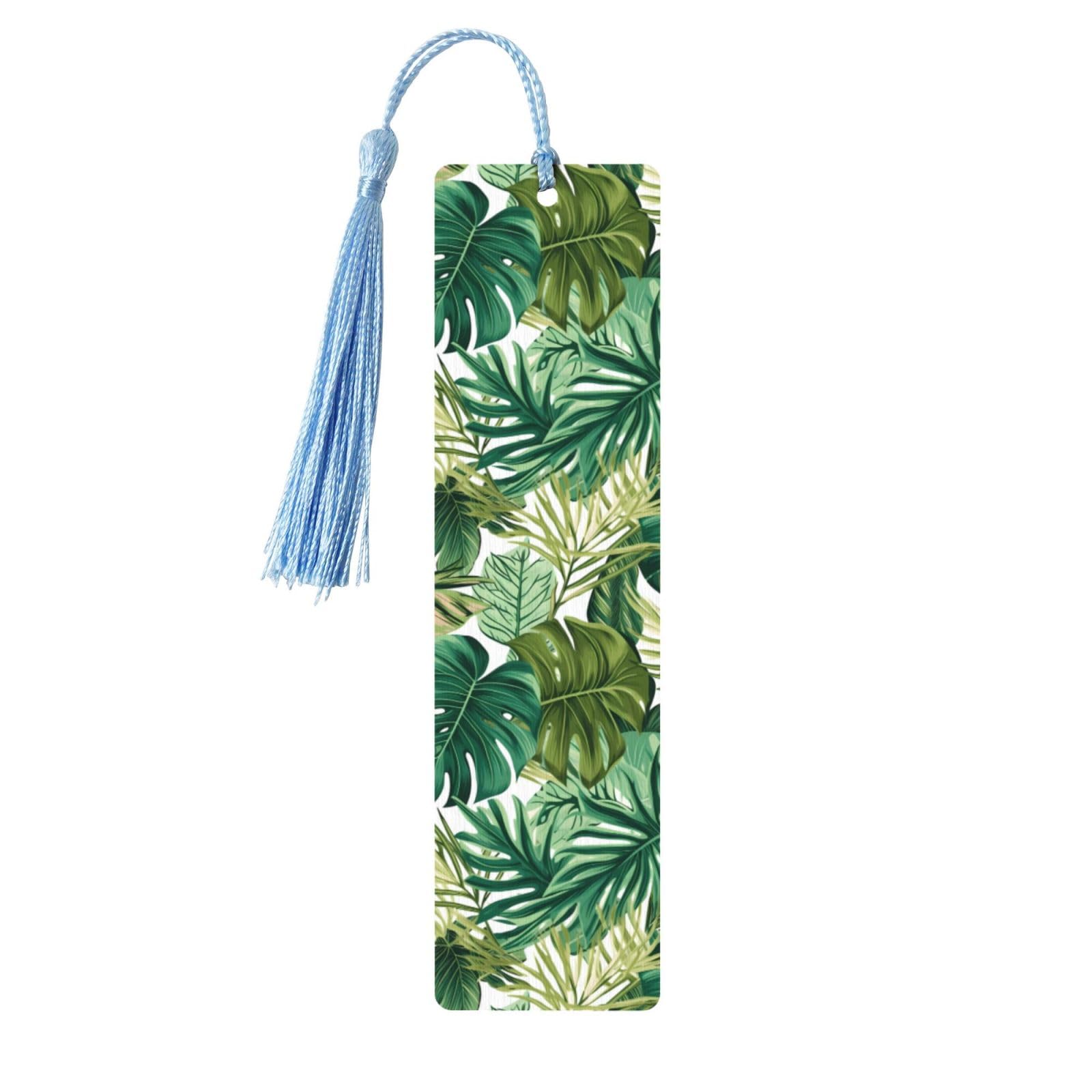Tropical Plants Double-Sided Print Tropical Plants Bookmarks Wooden Book Marks with Sky Blue Tassel, Green Leaf Lightweight Page Markers Book Lovers Gifts