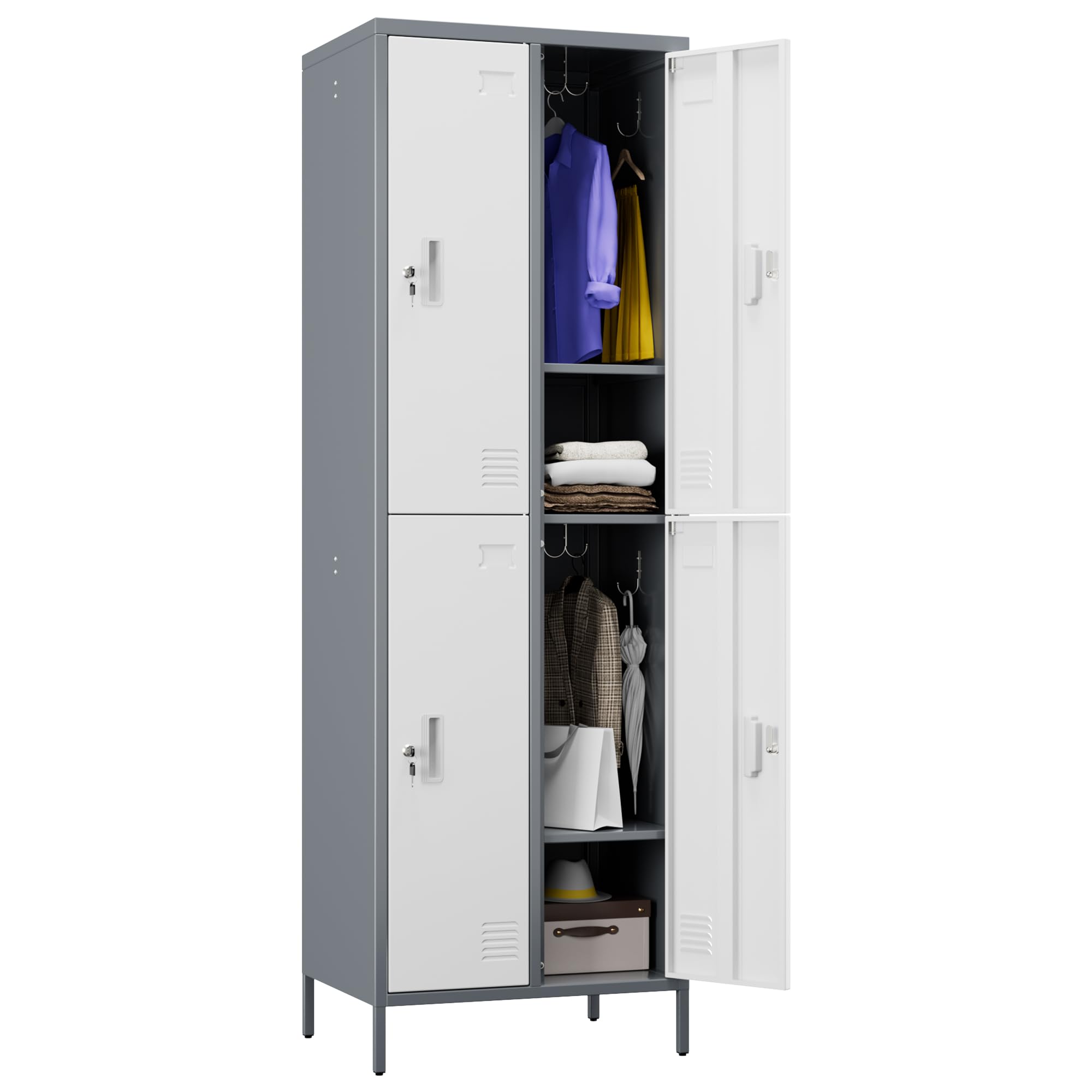 Aobabo 185H x 60B x 45T cm Stahl Schließfach, 4 Tür Schrank für Mitarbeiter, Dunkelgrauweiß