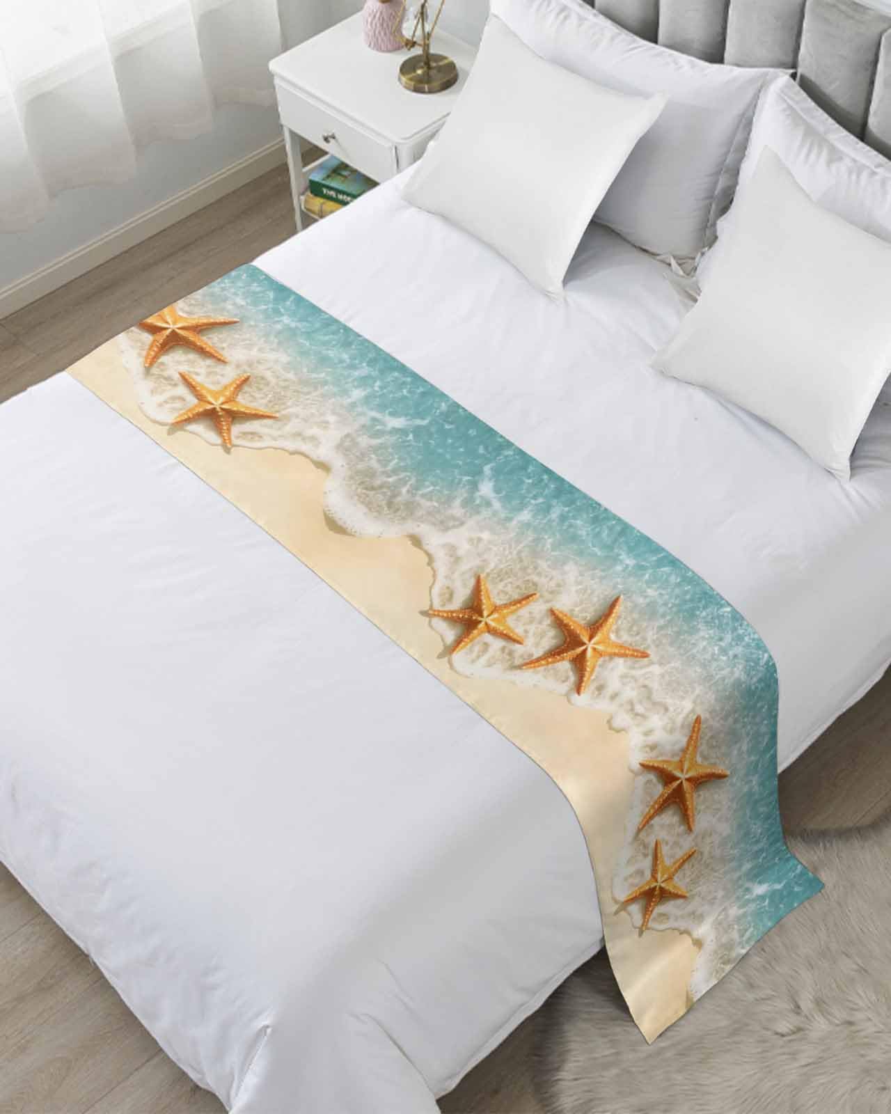 Yukro Bed Runner Scarf, Teal Beach Orange Starfish Summer Seaside Coastal Full Bed Scarf Runner, No Fading Decorative Bedding Scarf for Bedroom Hotels Homes and Guestrooms