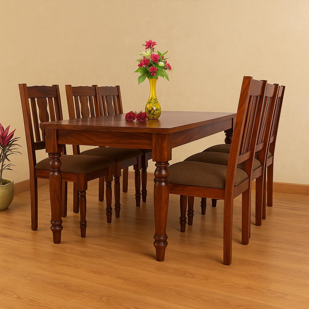 PC Wood Furniture Sheesham Wood 6 Seater Dining Table Set with 6 Chairs | Solid Wood Dining Room Set for Home & Kitchen | Maple Finish | Table (63x32x29 inch), Chair (18x18x39 inch)