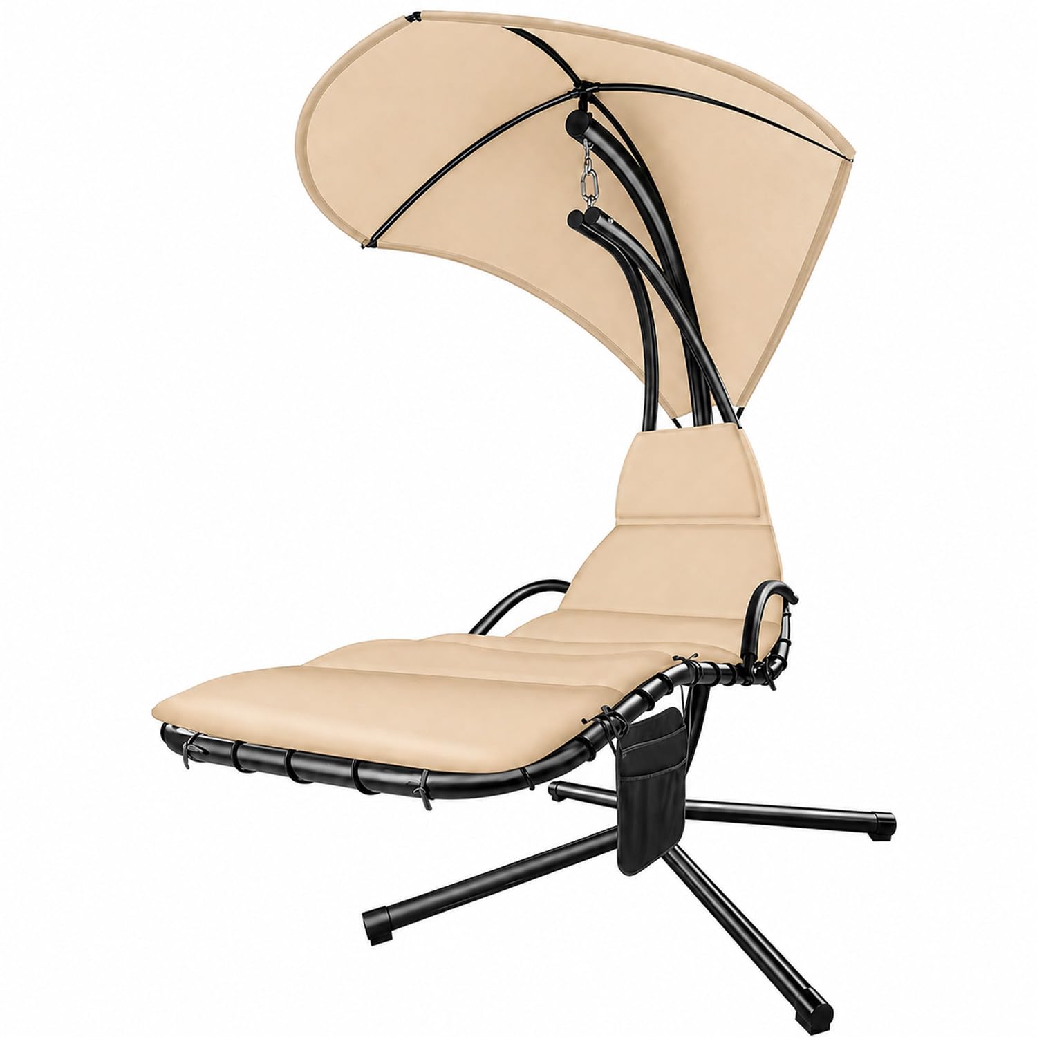 BRICOZONE Sdraio A Dondolo Con Ombrellone Parasole Integrato Cuscino Imbottito Amaca Da Giardino In Acciaio E Poliestere Per Esterno Terrazzo Bordo Piscina 195 x 132 x 197 Cm Beige
