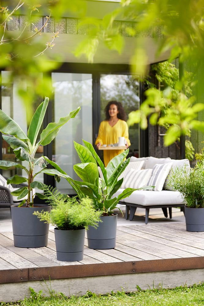 Elho Greensense Aqua Care Round 30cm Maceta - Charcoal Grey | ∅ 29.5 x 29.1 cm | Platillo integrado | Macetero por Interior y Exterior | Plástico 100% reciclado