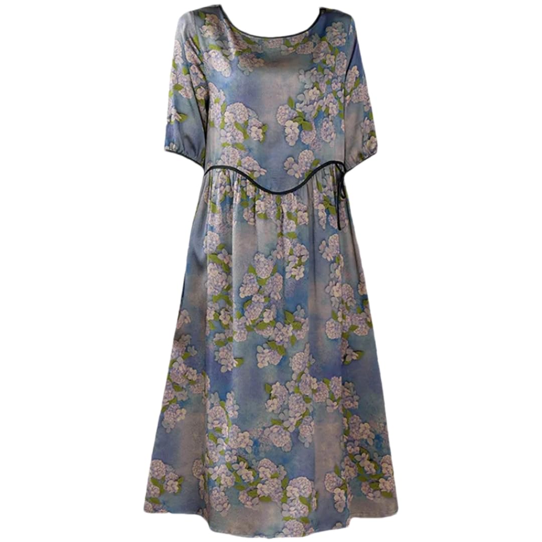 Zadaos Vestido largo de verano vintage con cuello redondo para mujer, estilo casual, manga corta, vestido de fiesta ajustado