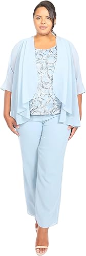 Le Bos Women's Plus Size 3-Piece Pant Set with Embroidered Sleeveless Top and Fl