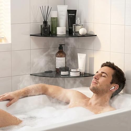 Miniatura 4 de Estante esquinero de vidrio para baño, estantes de ducha, paquete de 2 unidades, color negro, flotante, templado, esquinero para baño, organizador