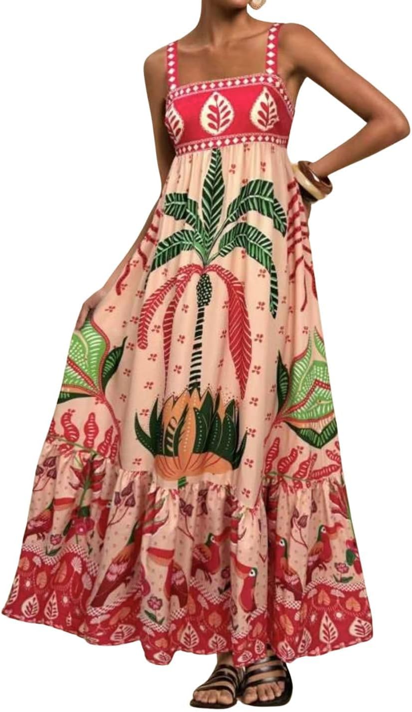 chouyatou Women's Sexy Spaghetti Strap Floral Printed Maxi Dress Back Smocked Ruffle Swing Beach Vacation Long Dress