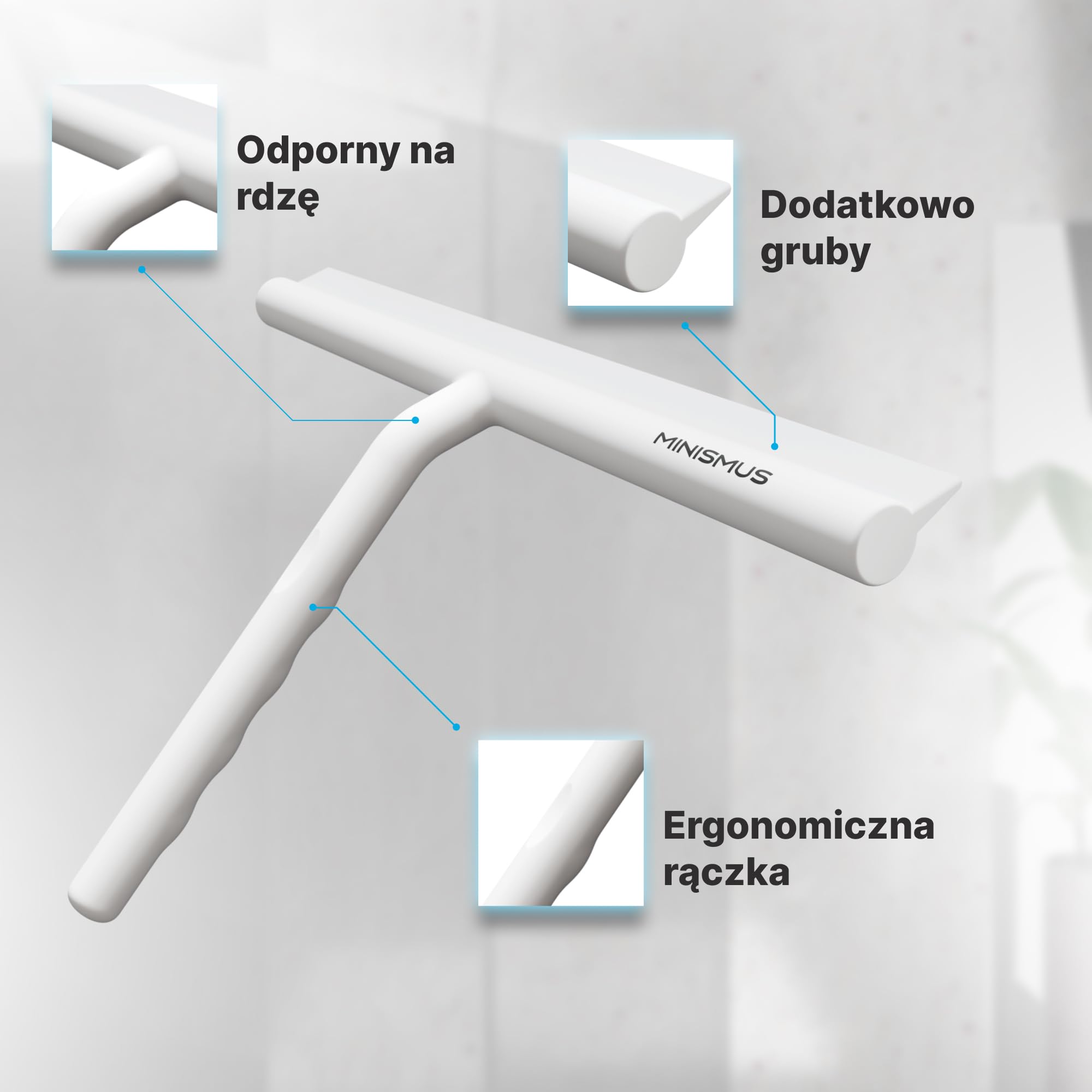 Minismus Szczotka do szyby do prysznica, łazienki, płytek, luster, okien, w zestawie uchwyt magnetyczny bez wiercenia, samoprzylepny, nowoczesny design (Biały, 28 cm)