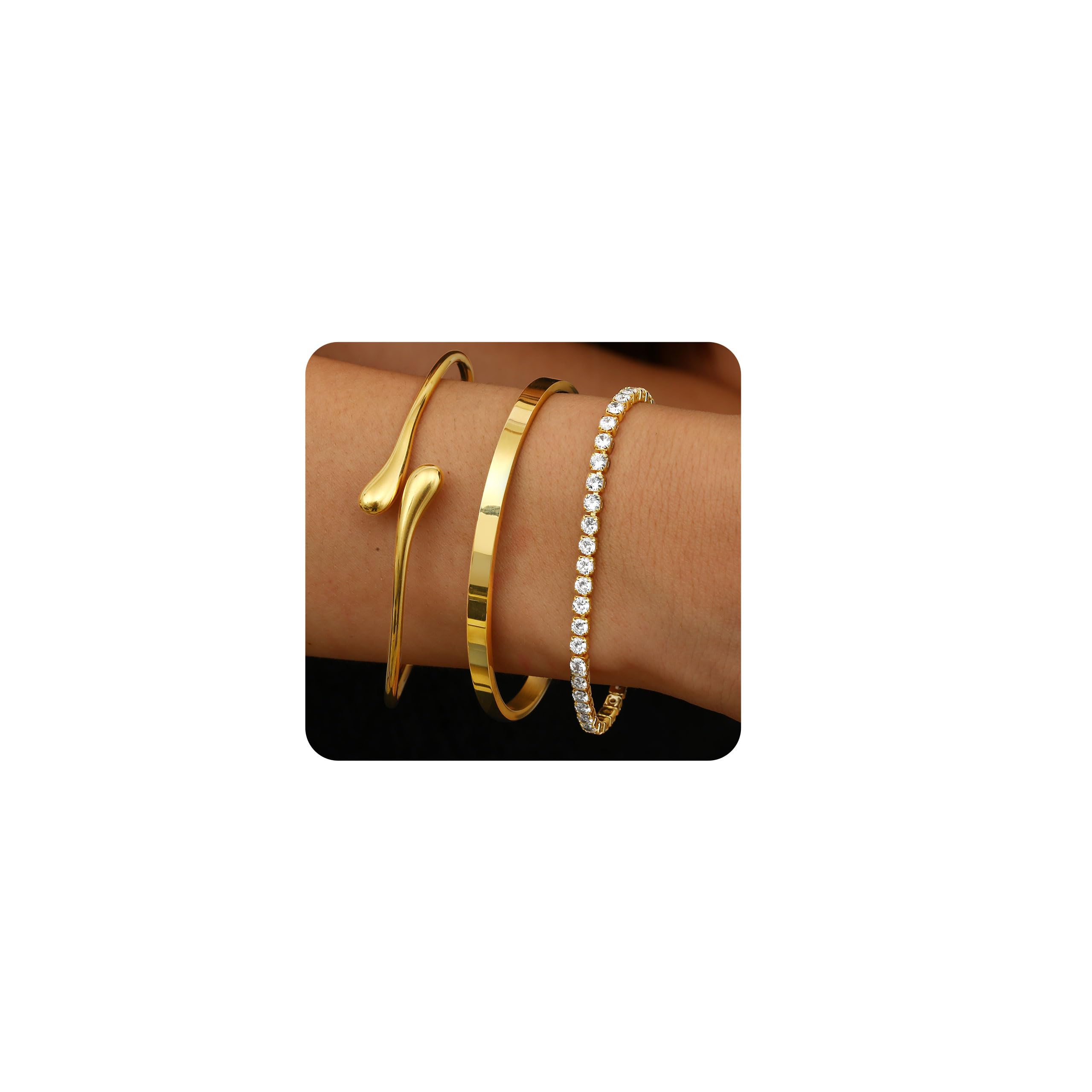 YADOCA 3 Pieces Bracelet Women Gold Bracelets Stainless Steel 14K Gold Plated Hypoallergenic Silver Bangles Jewelry for Women and Girls