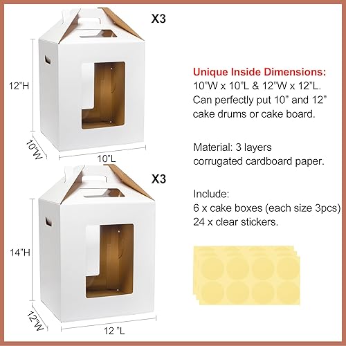 Miniatura 2 de Mcfleet Paquete de 6 cajas altas para tartas de nivel con ventana, 2 tamaños de 10 x 10 x 12 y 12 x 12 x 14 pulgadas, contenedor desechable de gran